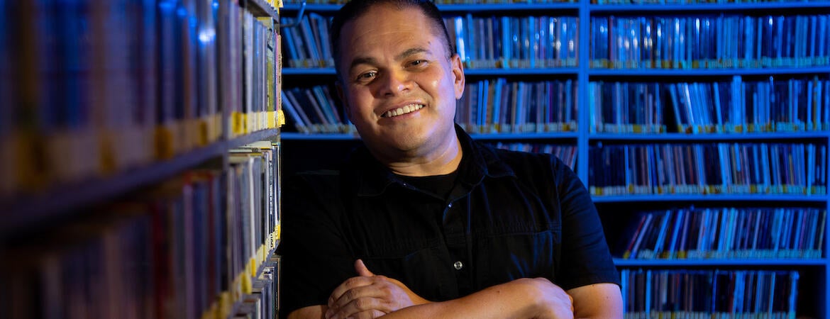 Portrait of Richard T. Rodríguez, professor of English and media and cultural studies, who is also a DJ at KUCR radio, on Thursday, September 1, 2022, in Riverside.  (UCR/Stan Lim)