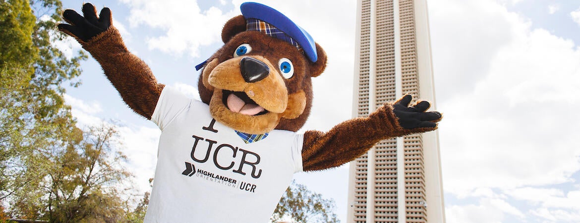 Scotty in front of the UCR Bell Tower