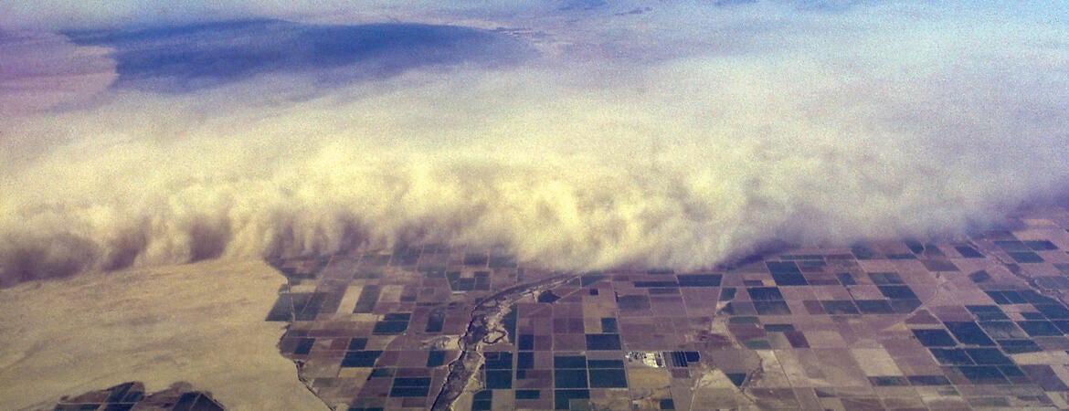 Aerial view of dust storm overrunning the Imperial Valley, California. Salton Sea in upper left. 