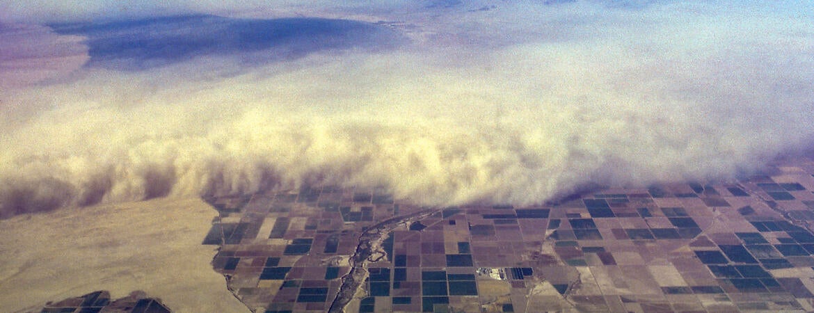Aerial view of dust storm overrunning the Imperial Valley, California. Salton Sea in upper left.