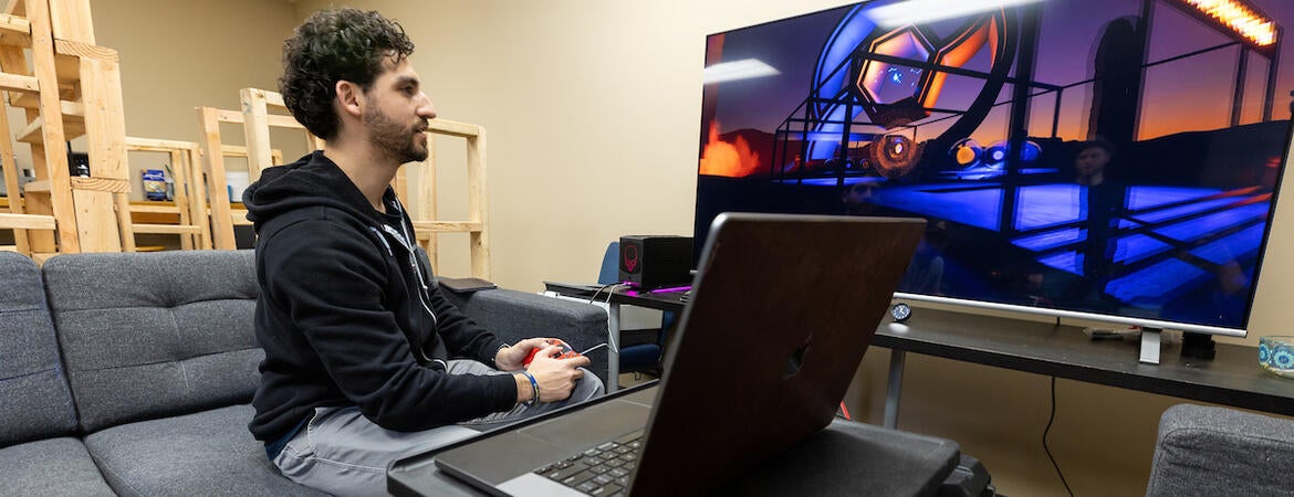 Ethan Castro, co-founder and CTE of EDGE Sound Research, works in his Riverside lab on Thursday, February 2, 2023. (UCR/Stan Lim)