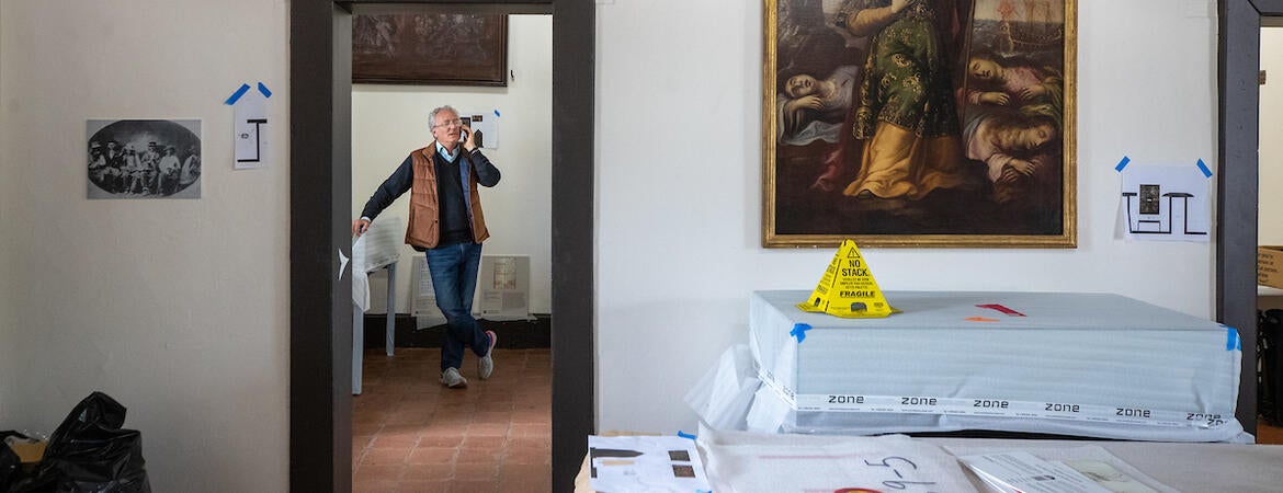 History professor Steven Hackel is the lead curator of the new exhibition at Mission San Gabriel Museum in San Gabriel. He walked through the exhibition installation on May 26, 2023. (UCR/Stan Lim)