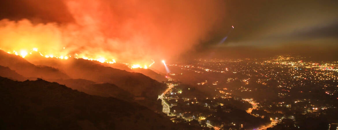 LA wildfires at night