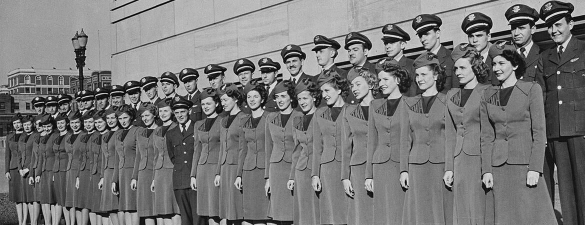 TWA flight attendants posing for a photograph after graduating from a training course at the TWA (Trans World Airlines) headquarters in Kansas City, Missouri, circa May 1946.