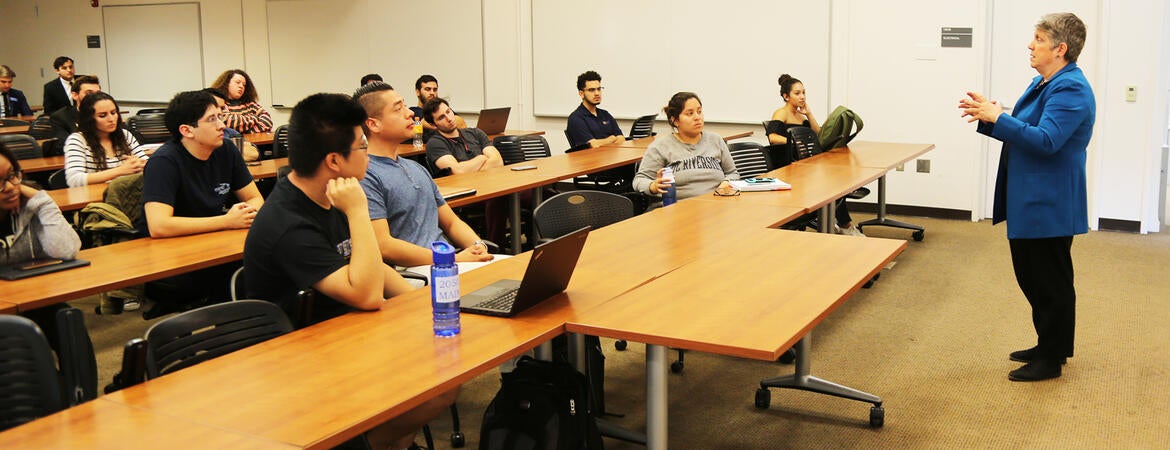 Janet Napolitano visits a School of Public Policy class in 2019