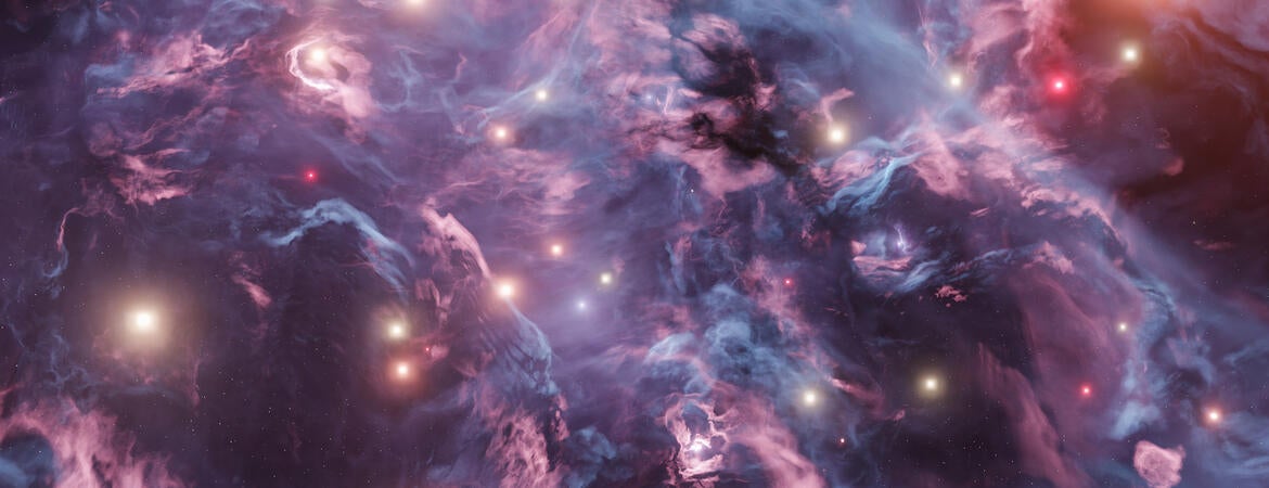 Blue and red abstract nebula with bright stars