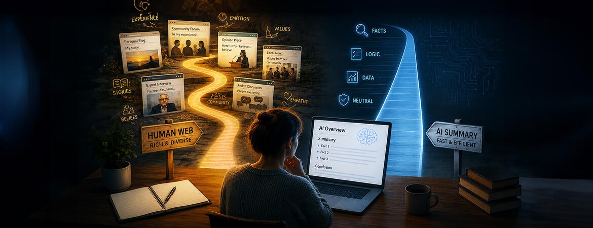 Conceptual image of AI searches summaries favoring logic over ethos & pathos