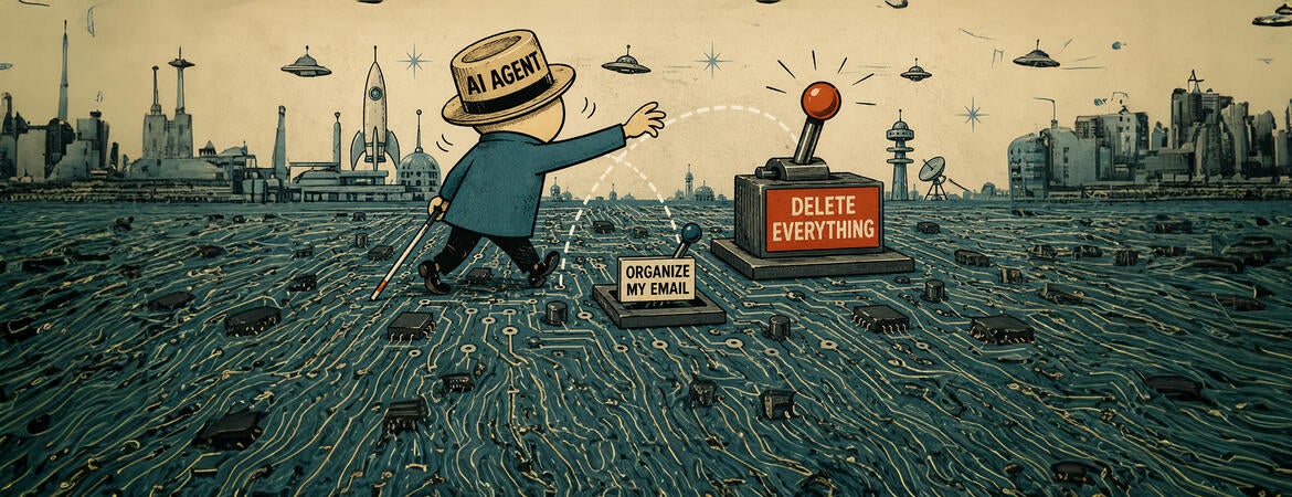 Cartoon of AI agent on circuitboard