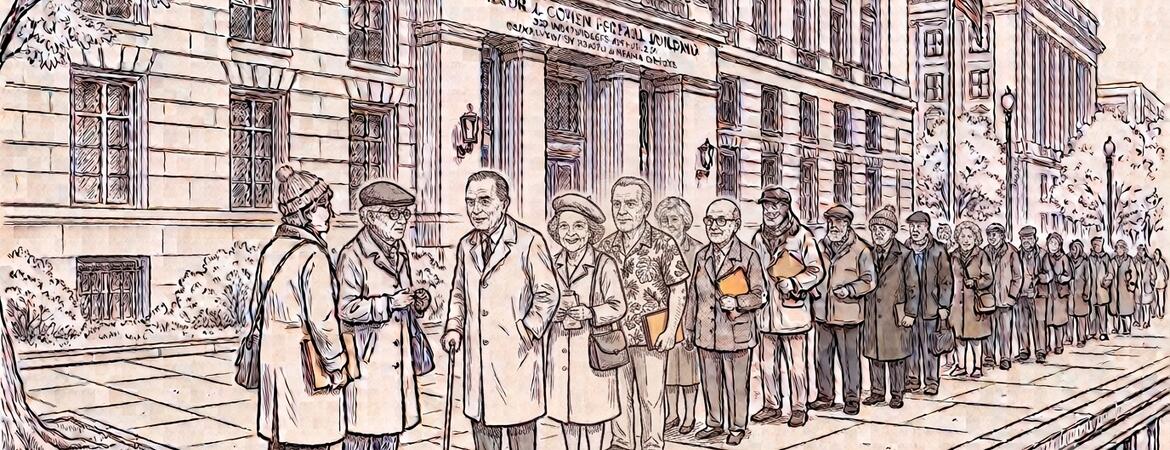 line of pensioners outside the Wilbur J. Cohen building in Washington, DC