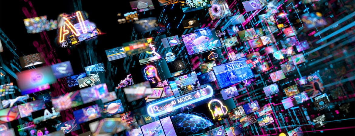 Dozens of small computer screen all displaying  different content.