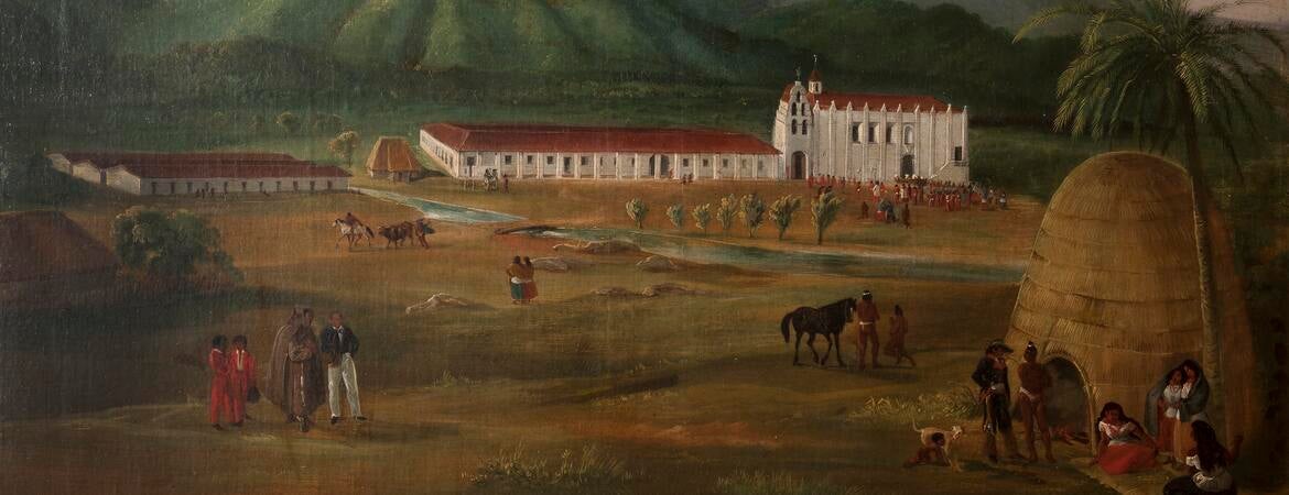 A painting of Mission San Gabriel in 1832