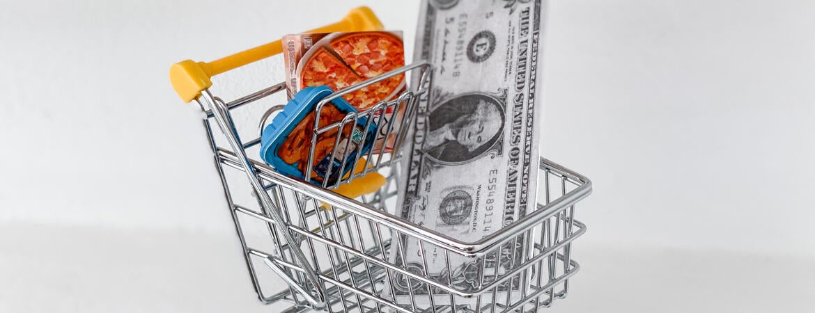 Shopping cart with a dollar and frozen pizza