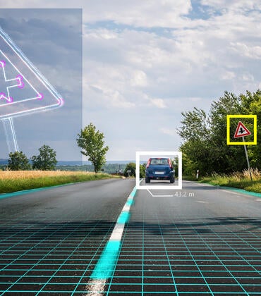 Illustration suggesting the computer vision system of a self-driving carr