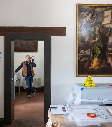 History professor Steven Hackel is the lead curator of the new exhibition at Mission San Gabriel Museum in San Gabriel. He walked through the exhibition installation on May 26, 2023. (UCR/Stan Lim)