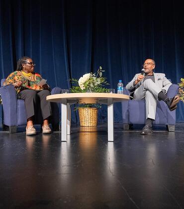 Joi Spencer, Dean of UCR’s School of Education, conducts a Q & A with Kevin Merida, Executive Editor of the Los Angeles Times, during the 54th Annual Hays Press-Enterprise Lecture