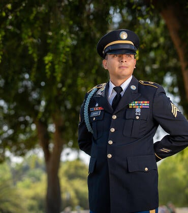 Portrait of Donald Zárate, 27, a sergeant in the U.S. Army Reserve, and a graduated from CHASS with a BA in political science and a BS in psychology. (UCR/Stan Lim)