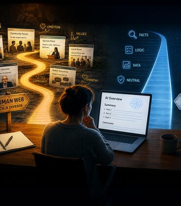 Conceptual image of AI searches summaries favoring logic over ethos & pathos