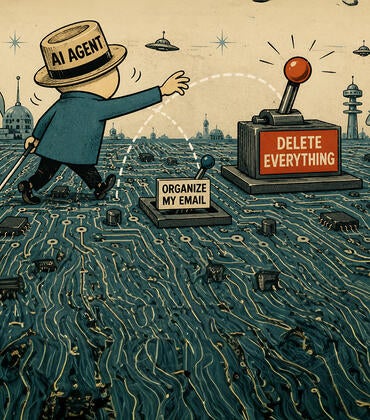 Cartoon of AI agent on circuitboard