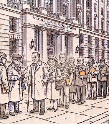 line of pensioners outside the Wilbur J. Cohen building in Washington, DC
