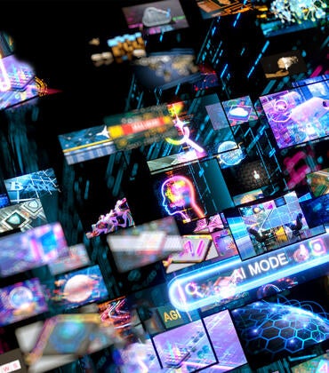 Dozens of small computer screen all displaying  different content.
