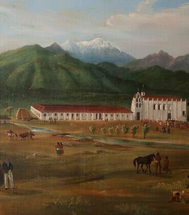 A painting of Mission San Gabriel in 1832