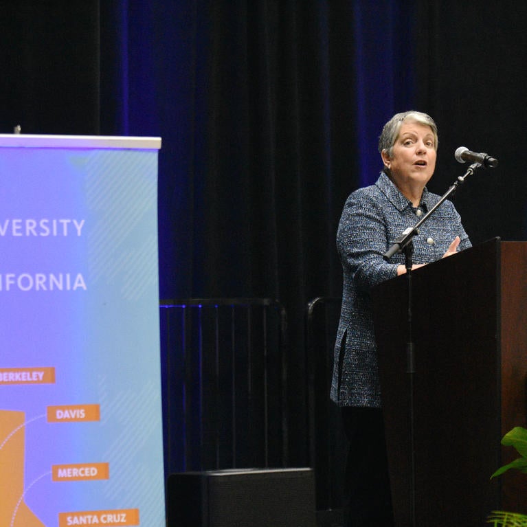 UC President Janet Napolitano speaking at a school rally