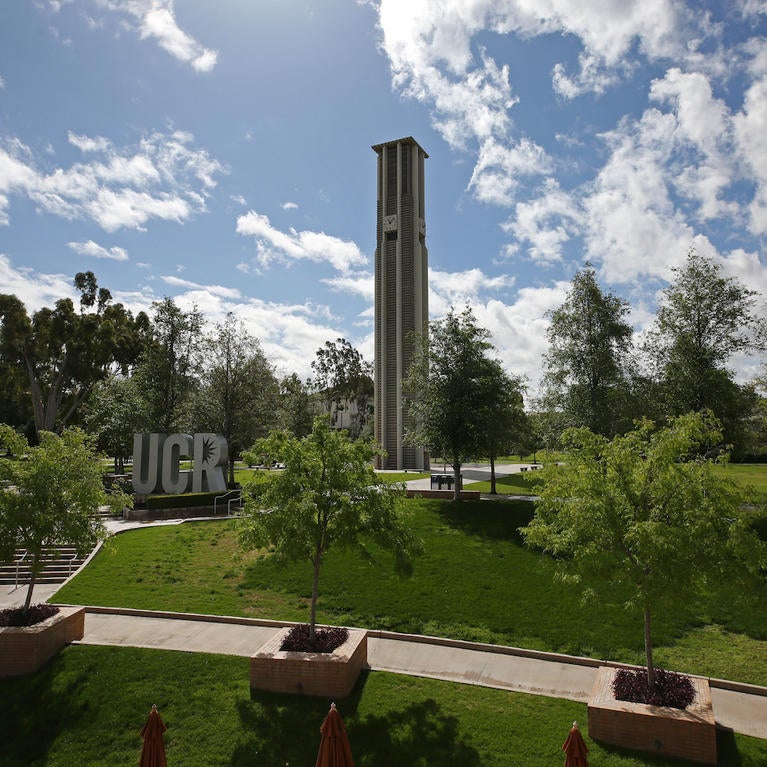 A blue sky over the empty UC Riverside campus