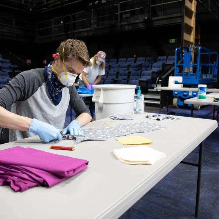 UC Riverside costume- and scene- shop employees have been sewing face masks for their colleagues. (UCR/Alif Emil Marchi)