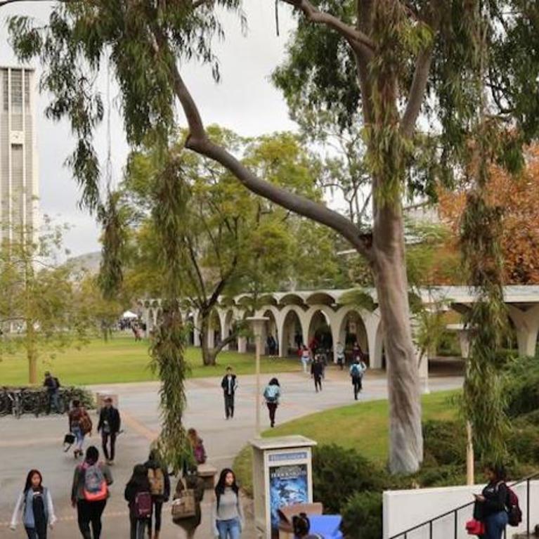 Students walk in between classes at UC Riverside. The bell tower is seen in the distance
