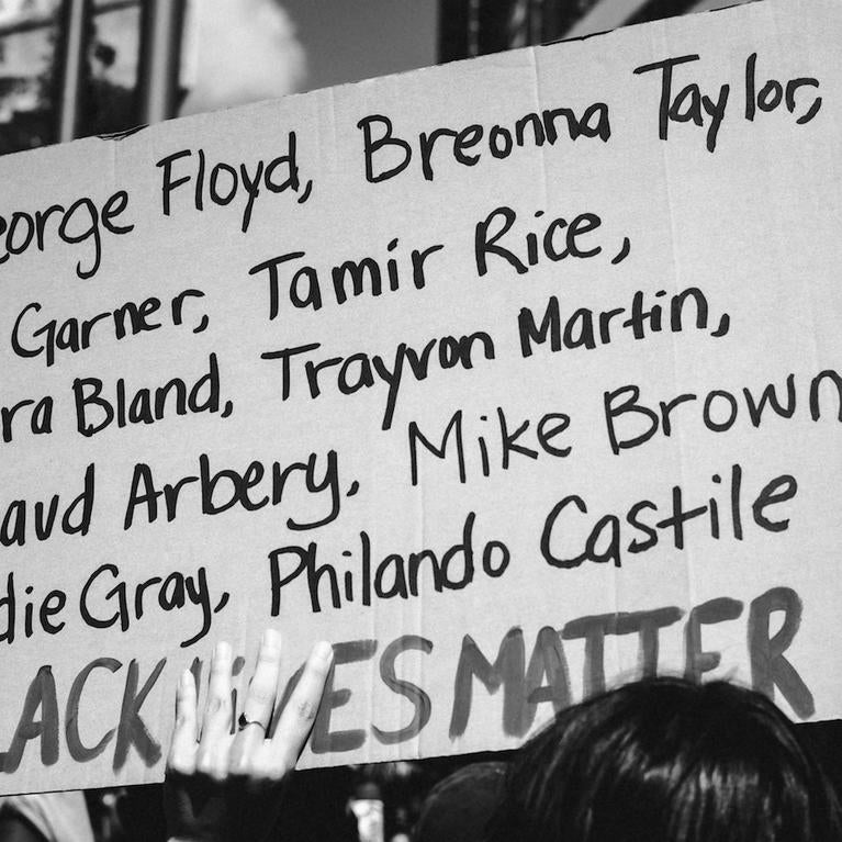 A sign with the names of Black people killed by police