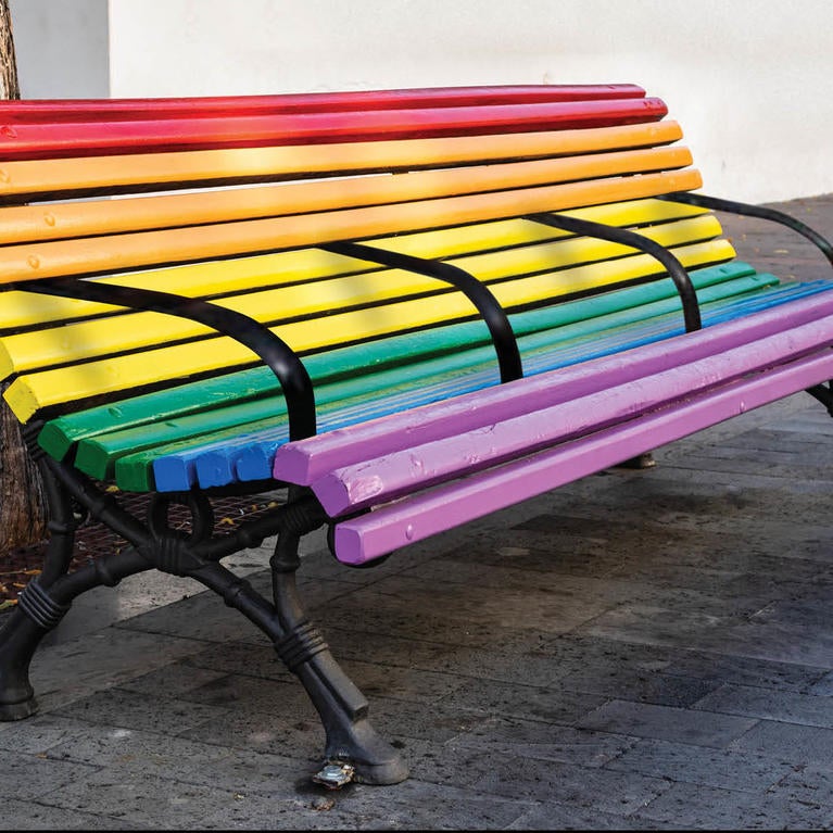 Anti-homeless bench with colors of the LGBTQ pride flag from the cover of "Coming Out to the Streets," published by UC Press