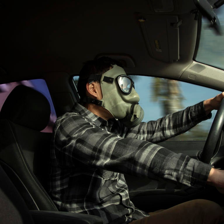 driver in gas mask