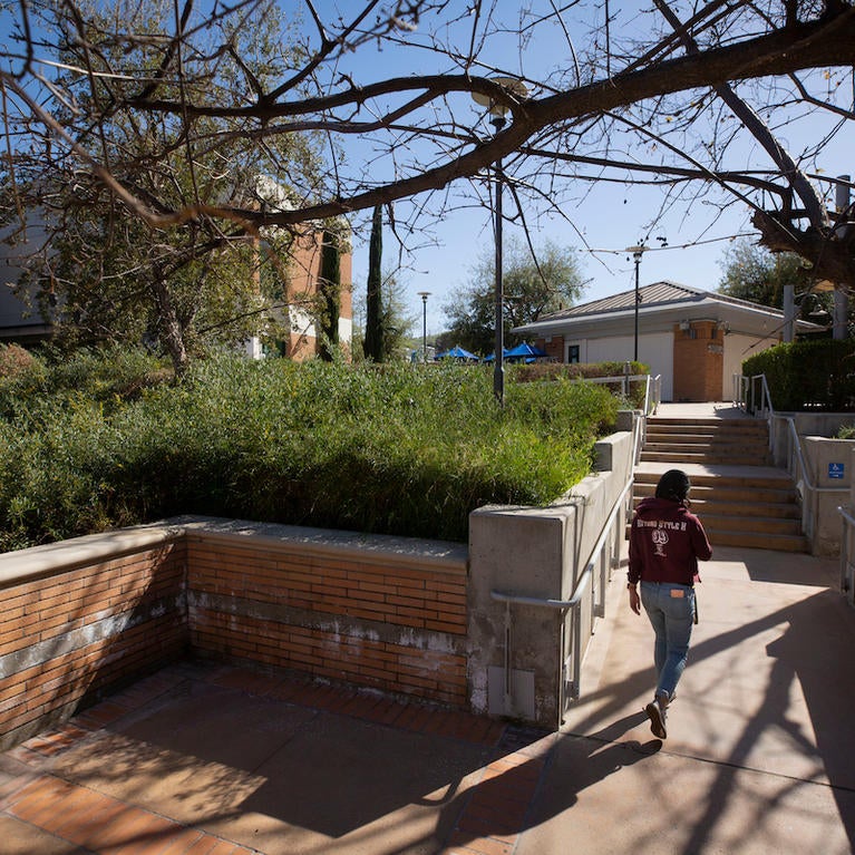 A student walks on a lonely campus near the School of Medicine building 