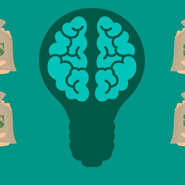 An image showing hands giving money to a brain inside a lightbulb, representing the idea of crowdfunding