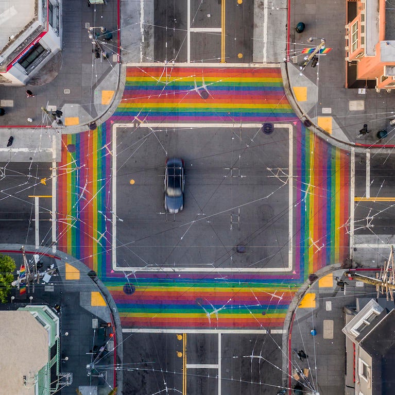 Crosswalks painted in pride flag rainbow colors in San Francisco's Castro District