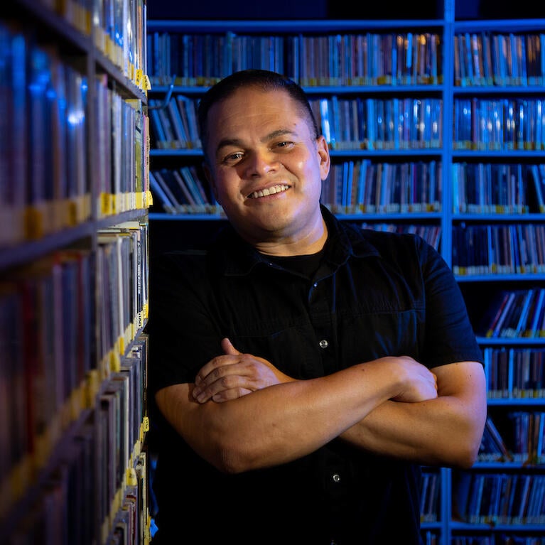 Portrait of Richard T. Rodríguez, professor of English and media and cultural studies, who is also a DJ at KUCR radio, on Thursday, September 1, 2022, in Riverside.  (UCR/Stan Lim)