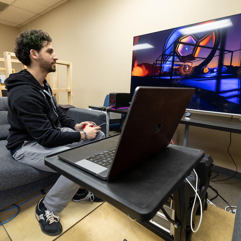 Ethan Castro, co-founder and CTE of EDGE Sound Research, works in his Riverside lab on Thursday, February 2, 2023. (UCR/Stan Lim)