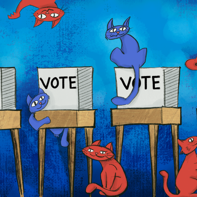 2024 elections- UC Riverside experts on gender, reproductive rights, politics, and the now infamous 'childless cat ladies' reference. (Illustration by UCR/Robert Almanzar)