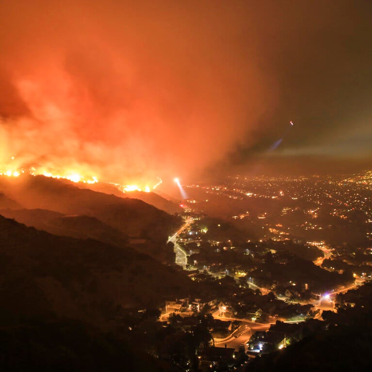 LA wildfires at night