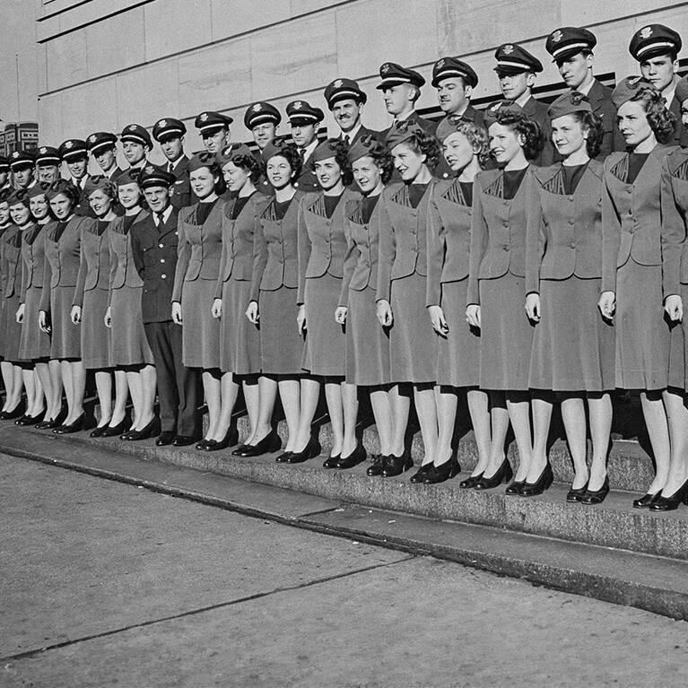 TWA flight attendants posing for a photograph after graduating from a training course at the TWA (Trans World Airlines) headquarters in Kansas City, Missouri, circa May 1946.