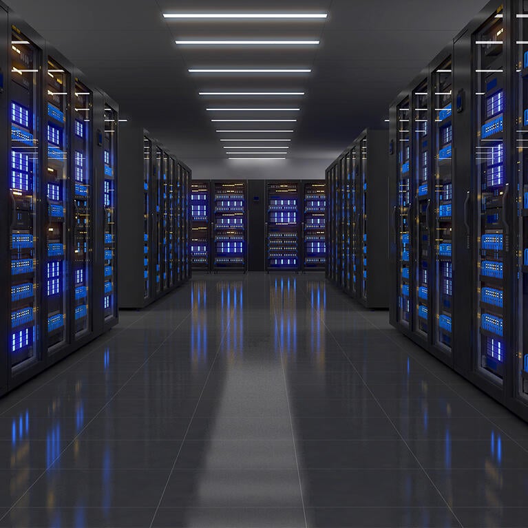 Computer servers on racks in data processing center