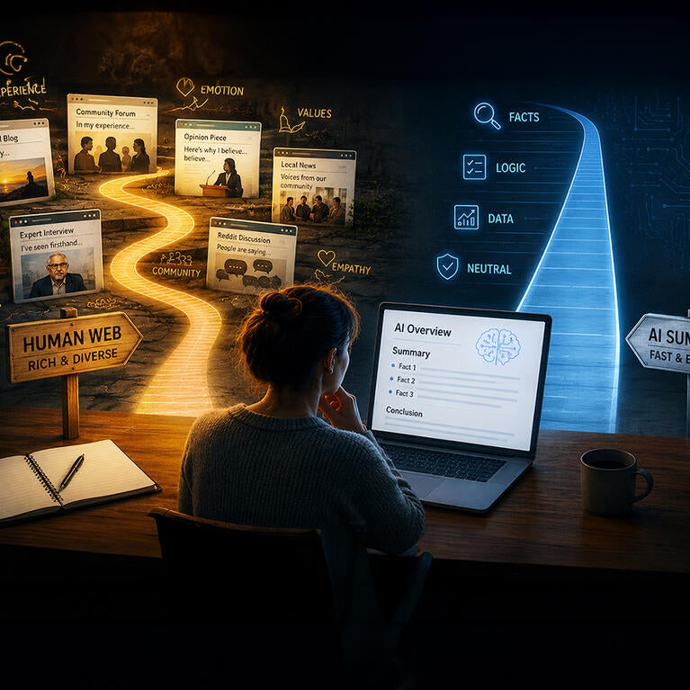 Conceptual image of AI searches summaries favoring logic over ethos & pathos