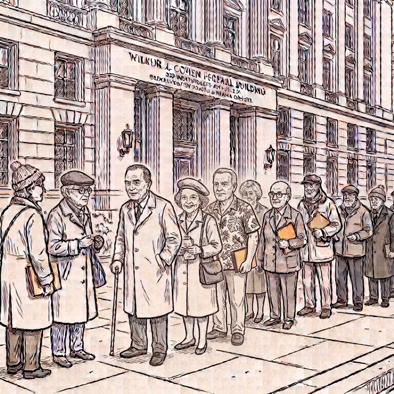 line of pensioners outside the Wilbur J. Cohen building in Washington, DC