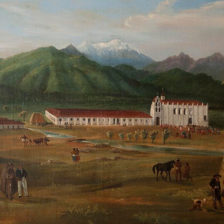 A painting of Mission San Gabriel in 1832