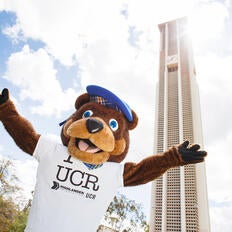 Scotty in front of the UCR Bell Tower