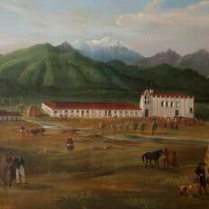 A painting of Mission San Gabriel in 1832
