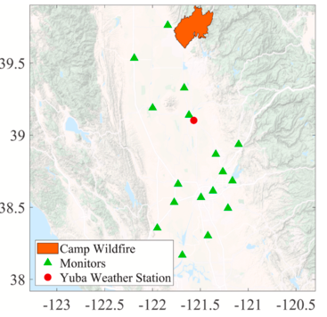 Map of routine state-agency surface PM2.5 monitors and fire source in Sacramento Valley. 