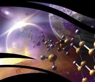 Rendering of molecules floating past planets