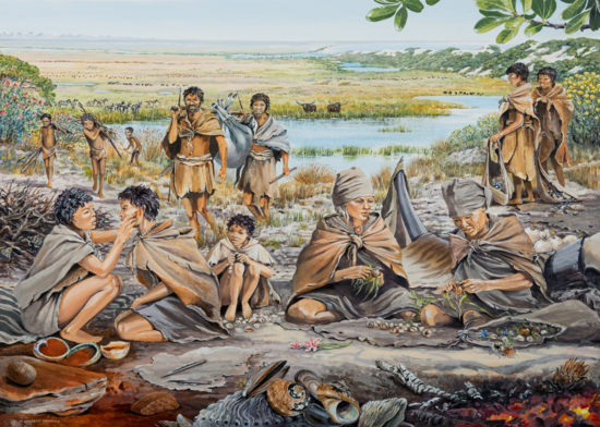 An artist's rendering by Maggie Newman of what life was like for early humans on the Paleo-Agulhas Plain.
