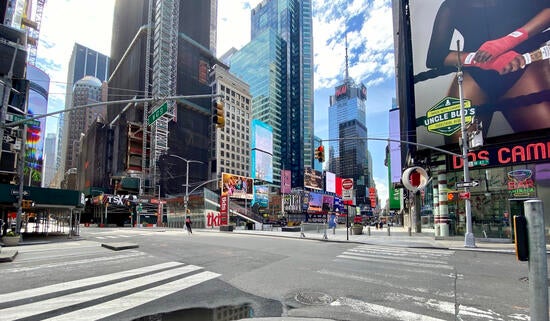 Times Square in New York City during the 2020 COVID-19 lockdowns.